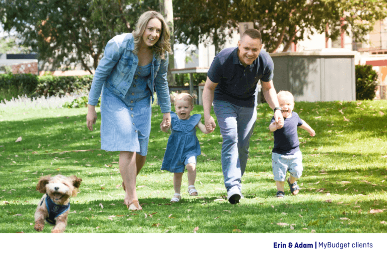 Erin and Adam, MyBudget clients, enjoying time with their kids and dog, highlighting the everyday reality of budgeting for a pet
