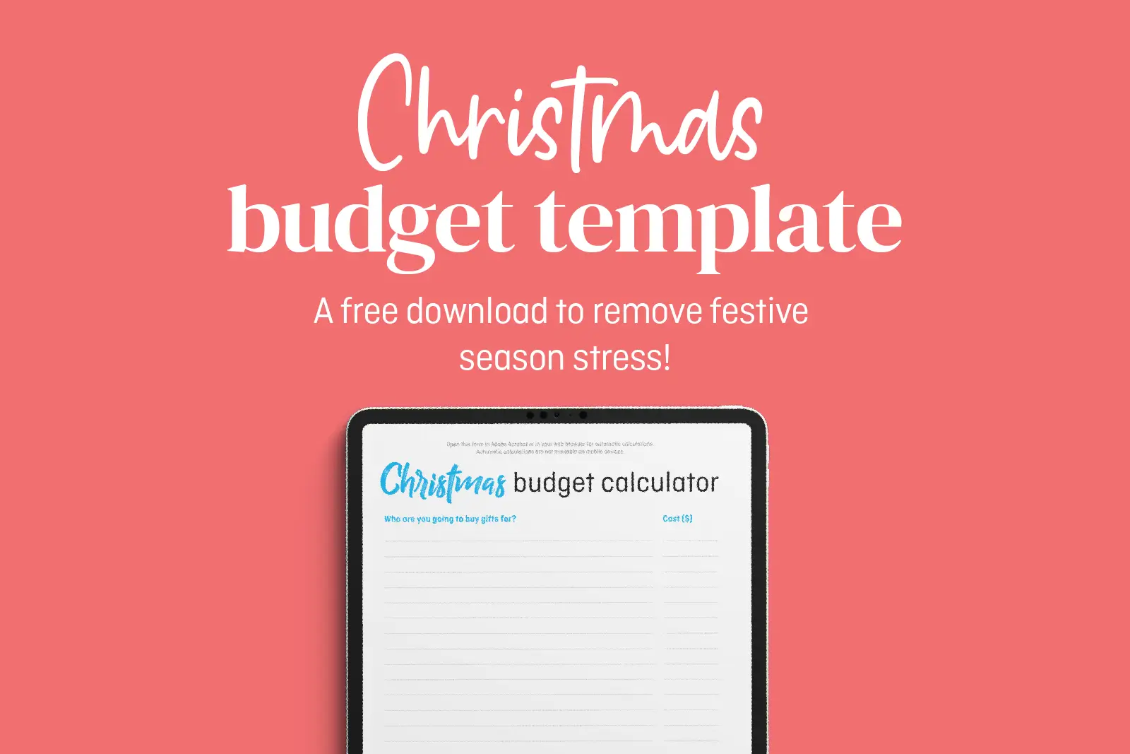 This image highlights MyBudget's Christmas budget template, designed to help remove the stress of holiday spending. The template is displayed on a screen against a festive red background, accompanied by the tagline "A free download to remove festive season stress!"