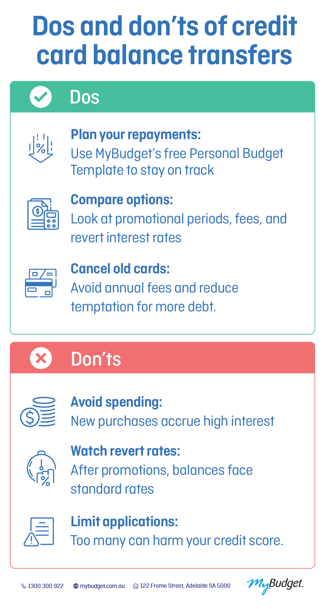MyBudget infographic on credit card balance transfers, featuring dos like using MyBudget’s budget template and don’ts like avoiding new spending.
