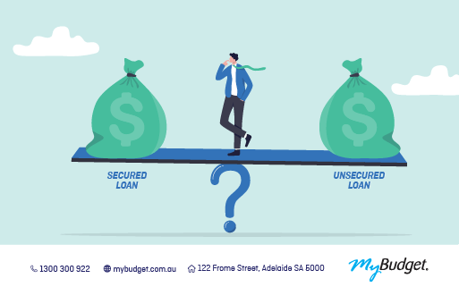 Illustration of a man balancing on a seesaw with a secured loan on one side and an unsecured loan on the other, representing the decision between loan options.