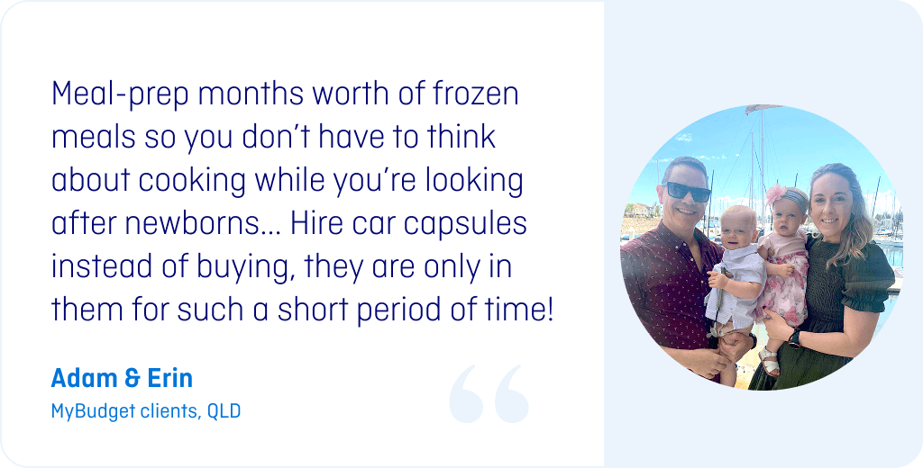 MyBudget clients Adam & Erin with their young children, sharing budgeting advice for new parents, including meal-prepping and hiring baby gear to save money.