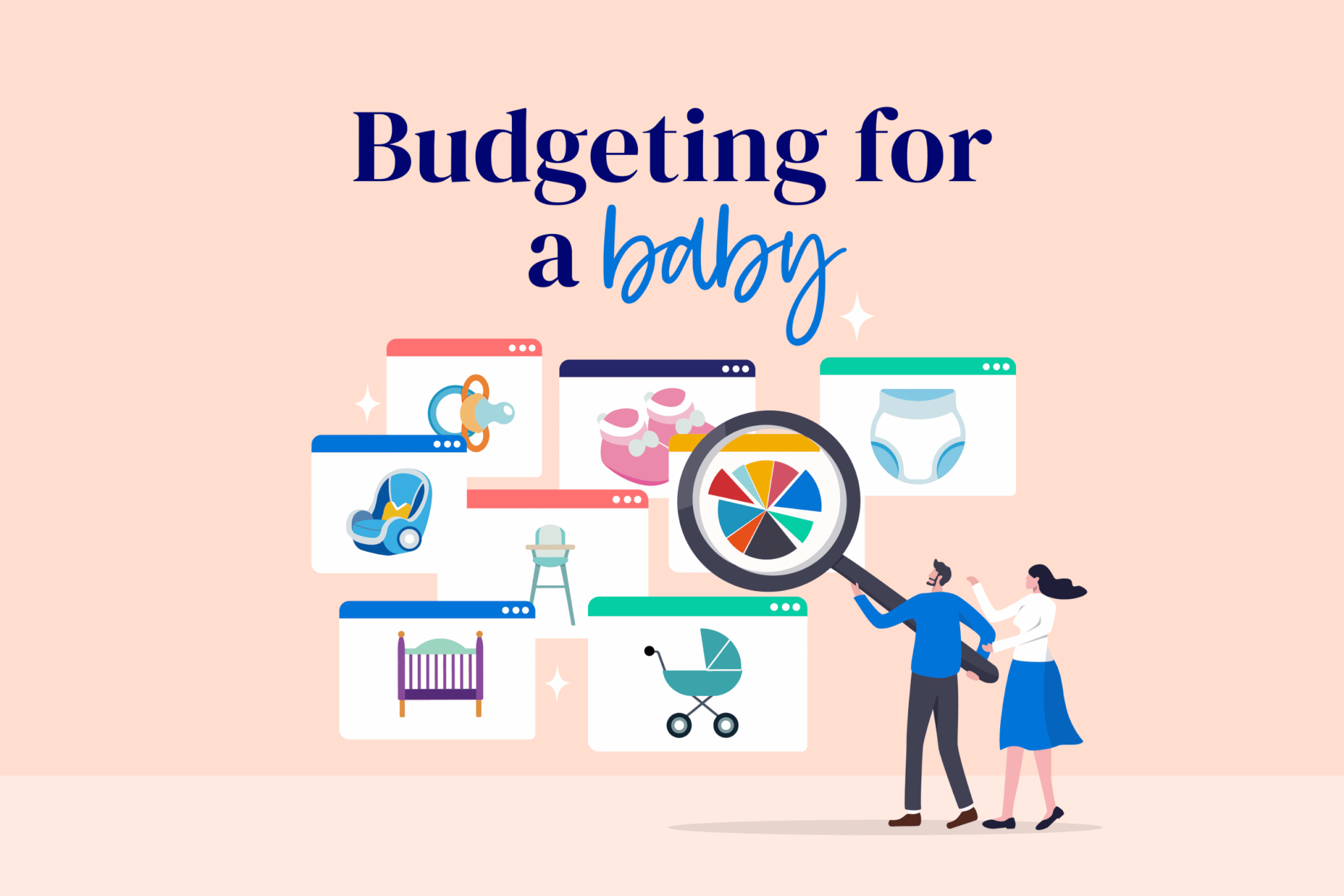 Illustration of new parents budgeting for a baby, analysing costs like nappies, prams, and essentials. Part of MyBudget’s guide to planning for a growing family.