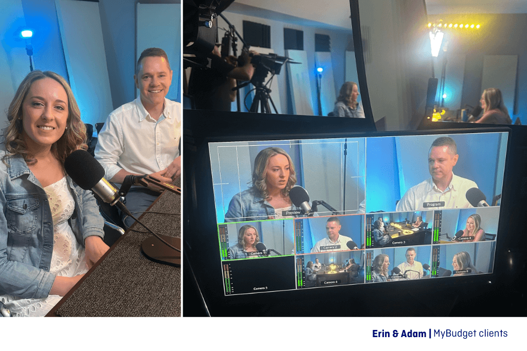 Erin and Adam in the MyBudget, MyMoney MyStory podcast studion, sharing how MyBudget helped them plan a family and achieve financial success.