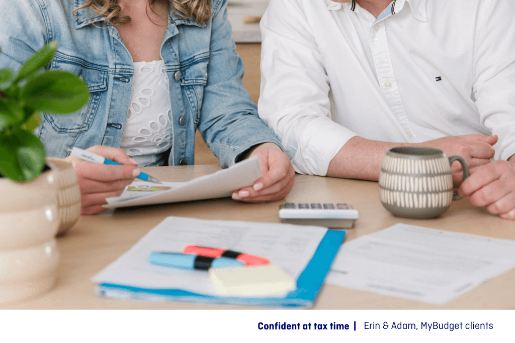 Close up image of MyBudget clients, Erin & Adam feeling confident and prepared at tax time 2025 with MyBudget's support.