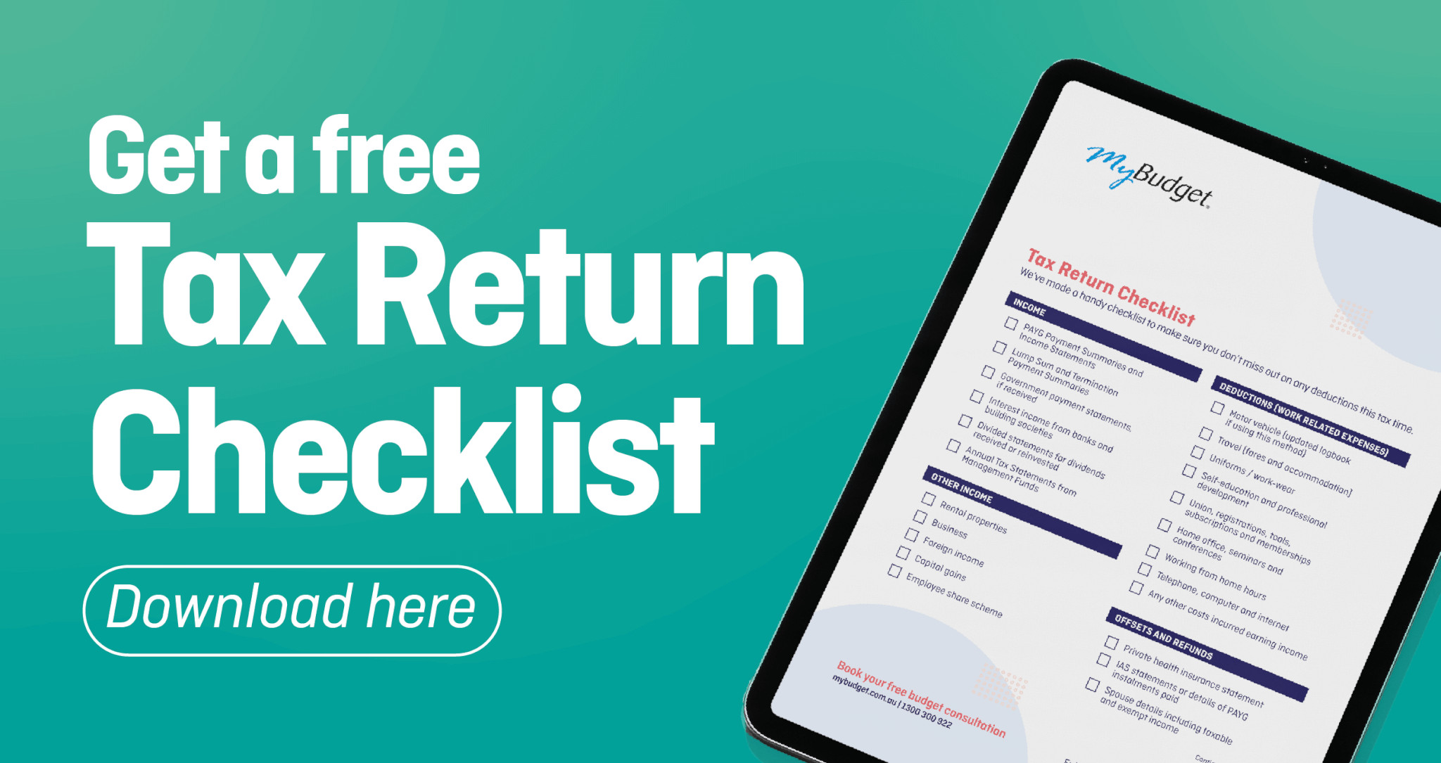 A clickable banner of a free tax return checklist download from MyBudget, showing the checklist on a tablet.