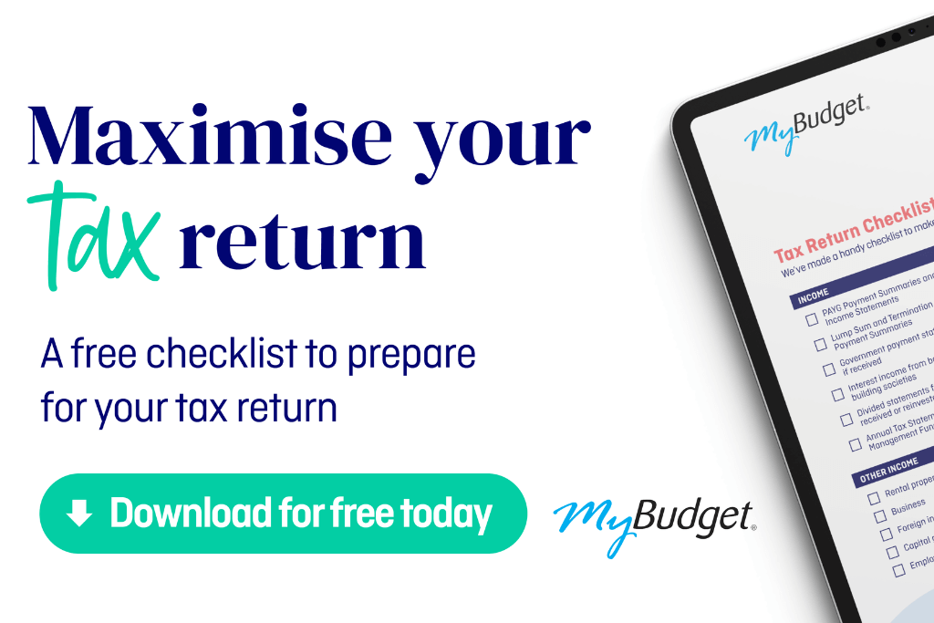 MyBudget tax return checklist graphic promoting a free download to help Australians maximise deductions and feel prepared this 2025 tax time.