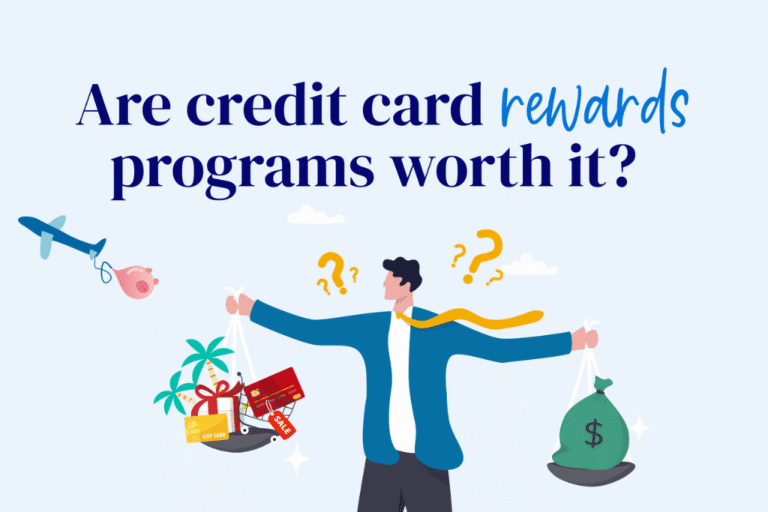 Illustration of a person weighing credit card rewards like holidays, gift cards, and points against real money, with question marks overhead—highlighting how MyBudget helps assess whether rewards programs are truly worth it.