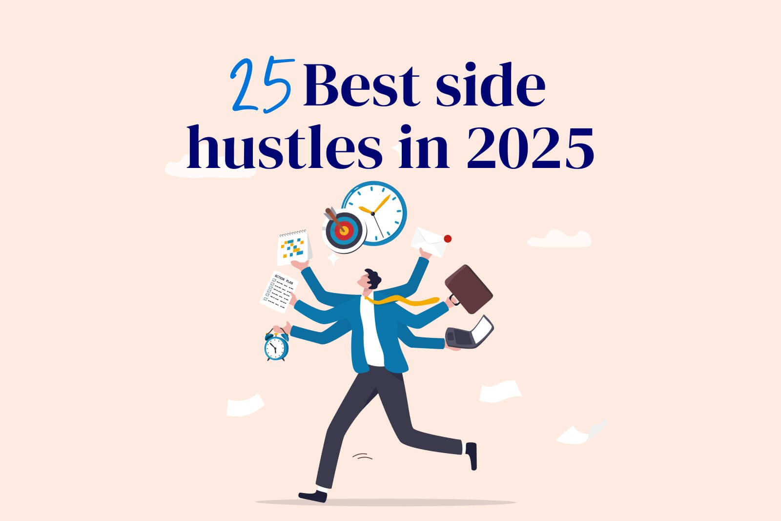 Illustration of a multitasking person juggling side hustles. MyBudget’s guide to the 25 best side hustles in 2025 helps boost your income.