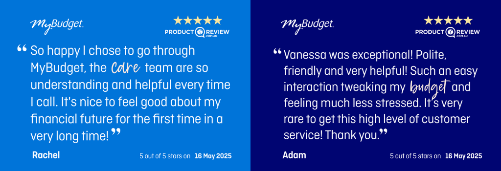 Two glowing MyBudget reviews from Trustpilot and ProductReview, praising bill support, debt help and long-term financial success.