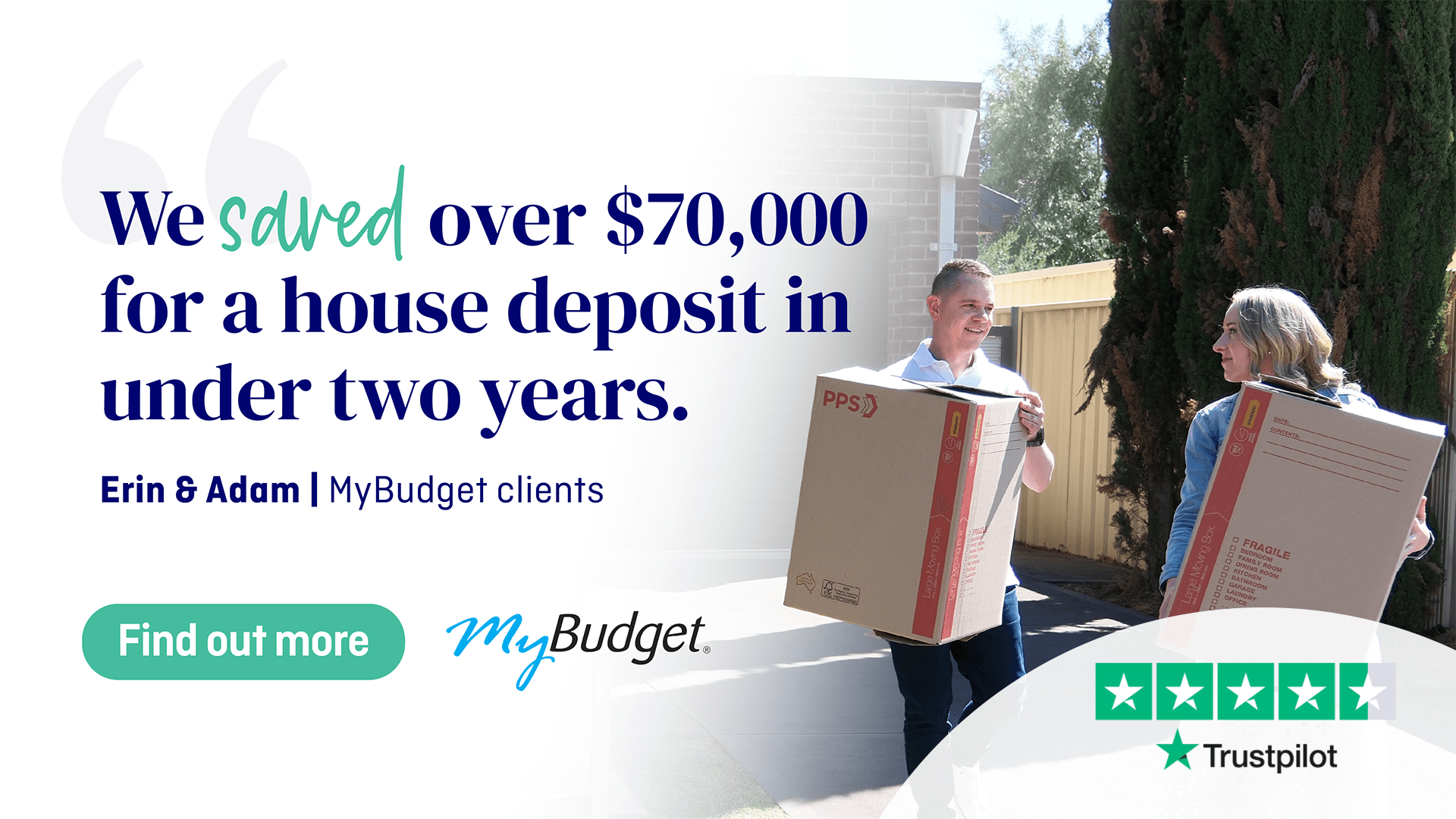 Erin and Adam, MyBudget clients in Australia, saved $70,000 for a house deposit in under two years by following a money saving plan.
