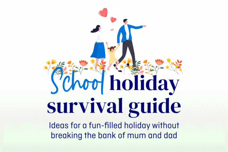 Illustrated family enjoying spring school holidays in Australia, surrounded by flowers, representing MyBudget's affordable holiday activity guide.