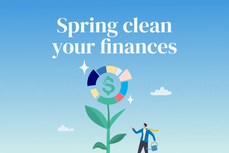 MyBudget's spring clean your finances illustration with money goals flower symbolising saving, budgeting and debt help in Australia.