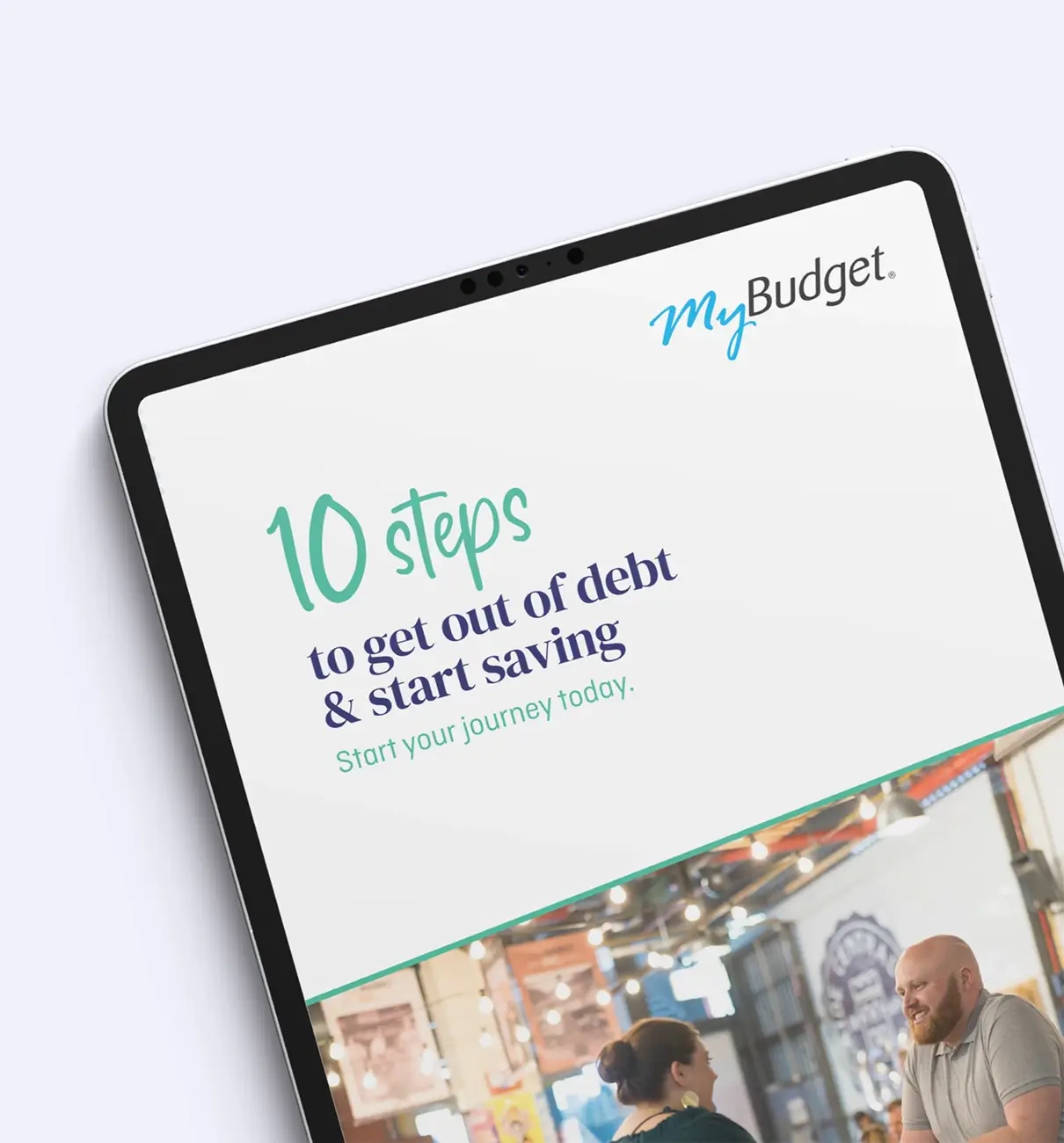 Tablet displaying MyBudget’s free ‘10 Steps to Get Out of Debt & Start Saving’ guide, designed to help Australians improve their financial wellbeing.