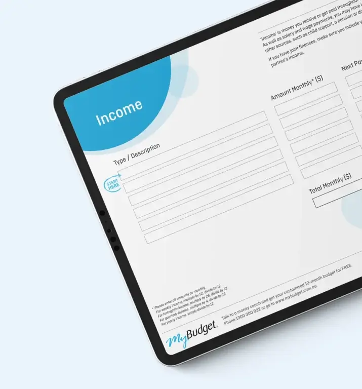 Tablet displaying MyBudget’s Personal Budget Template for Australian users, to help organise finances, get out of debt, start saving and reach financial goals.