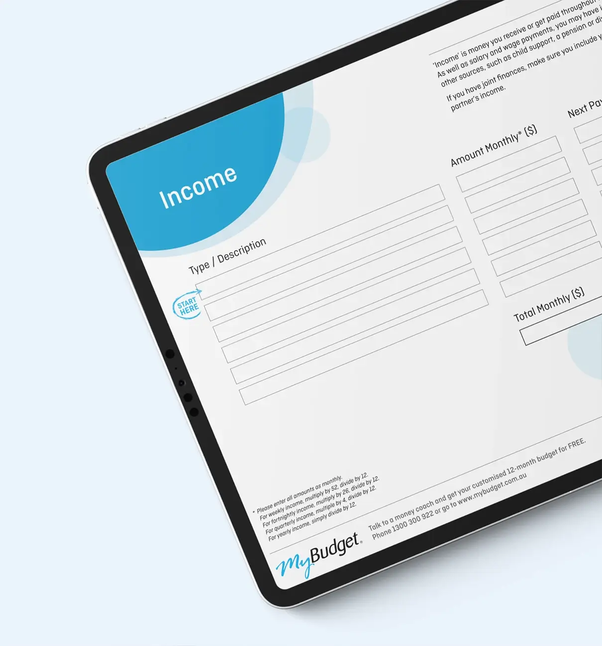 Tablet displaying MyBudget’s Personal Budget Template for Australian users, to help organise finances, get out of debt, start saving and reach financial goals.