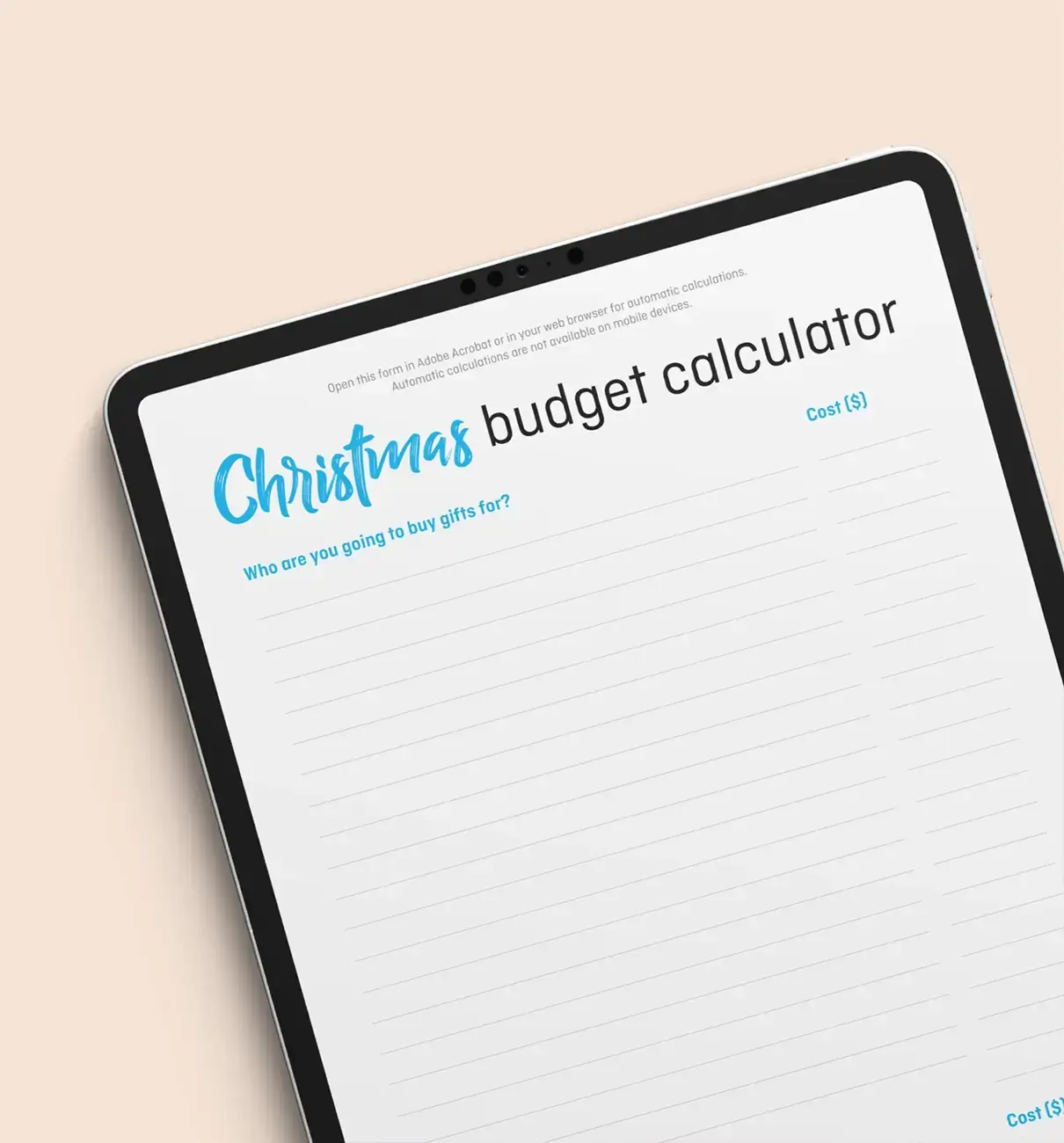 Christmas budget calculator on a tablet from MyBudget Australia to help plan gifts, expenses and track holiday spending.