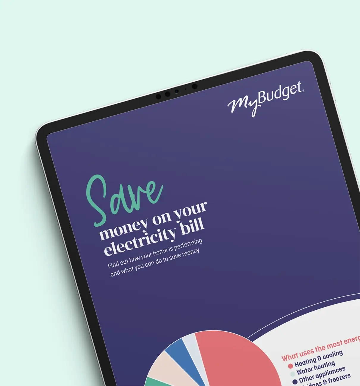 Tablet showing MyBudget’s energy-saving guide for Australian families, helping reduce electricity bills and cut household energy use.