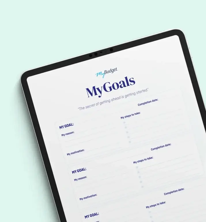 Tablet displaying MyBudget’s Financial Goals Template for Australian users, showing goal setting, motivations and action steps.