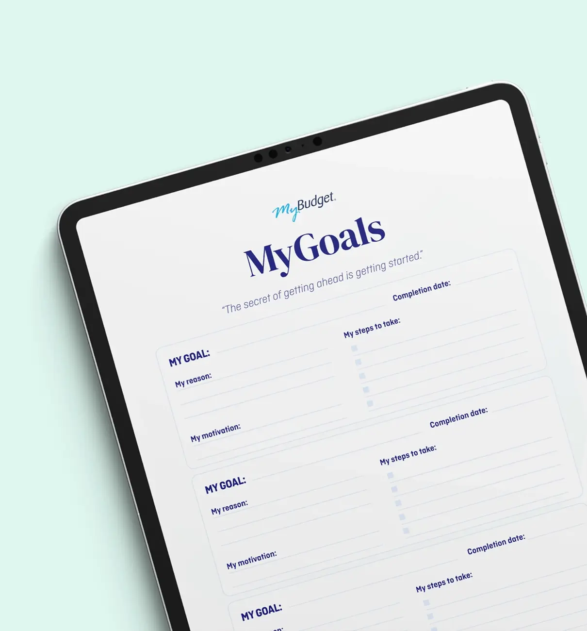 Tablet displaying MyBudget’s Financial Goals Template for Australian users, showing goal setting, motivations and action steps.