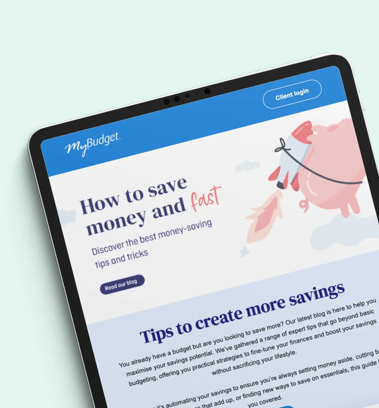 Tablet displaying MyBudget’s Money Talks newsletter with budgeting and savings tips to help Australians manage their money.