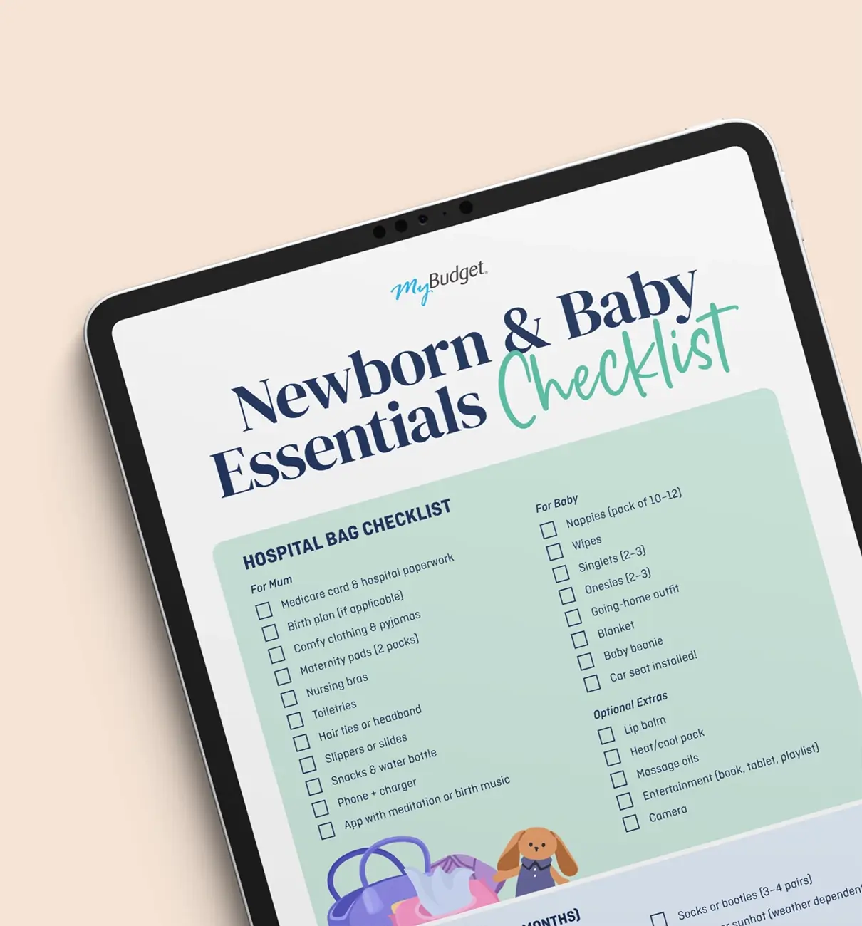 Tablet showing MyBudget’s Newborn & Baby Essentials Checklist for Australian parents, with baby, mum, nursery items and hospital bag essentials.