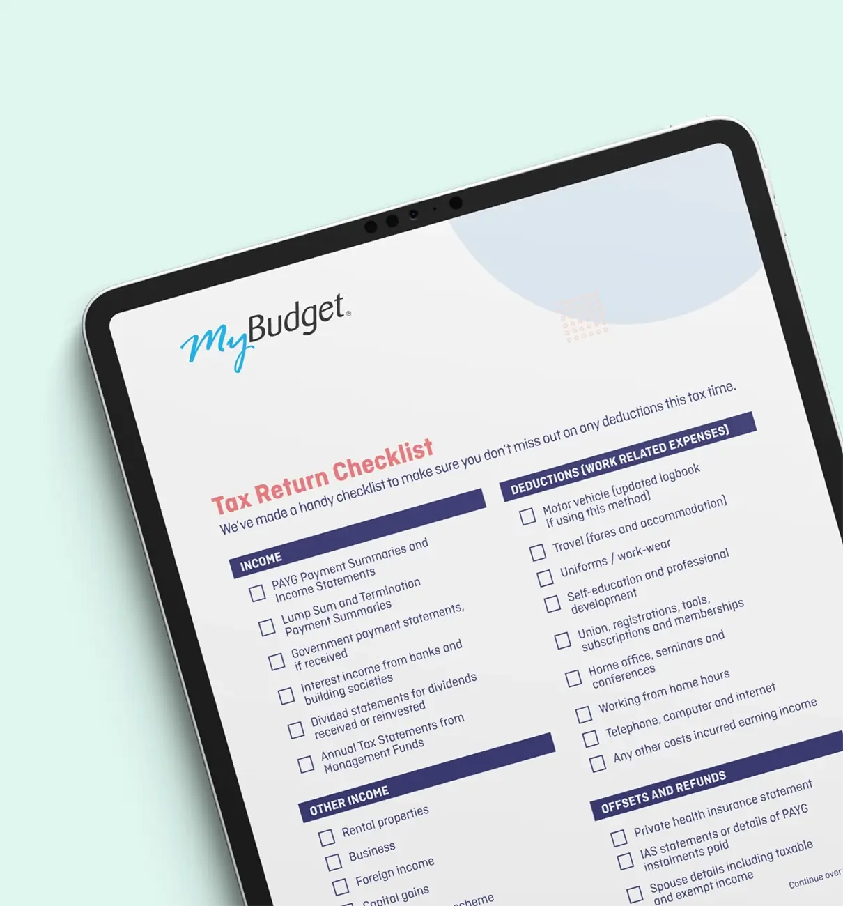 MyBudget’s free Tax Return Checklist displayed on a tablet, helping Australian self-lodgers organise income and deductions.