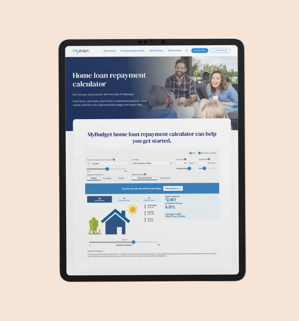 Tablet device showing the MyBudget Home Loan Repayment Calculator webpage, featuring repayment estimation tools and strategies to pay off your mortgage faster.