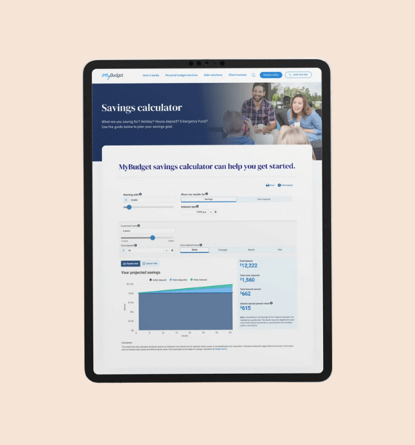 Tablet device showing the MyBudget Savings Calculator webpage, featuring input fields for savings goals and a projected savings growth graph.