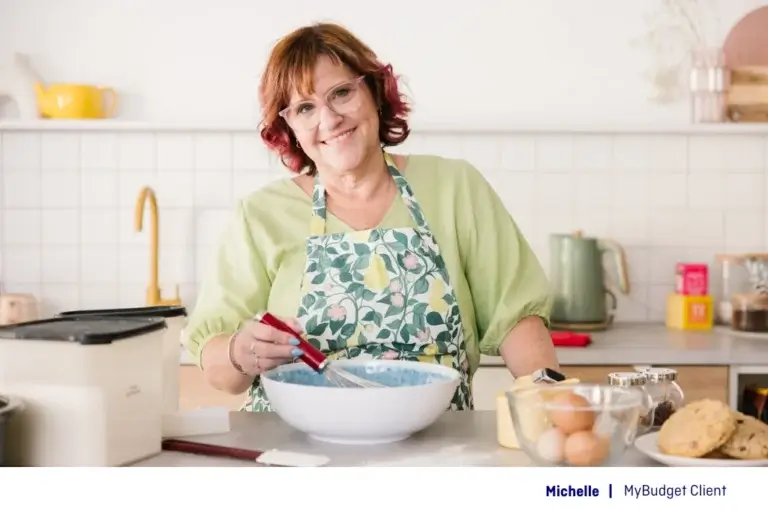 Michelle, a MyBudget client in Australia, baking at home and showing how baking can be a rewarding side hustle.