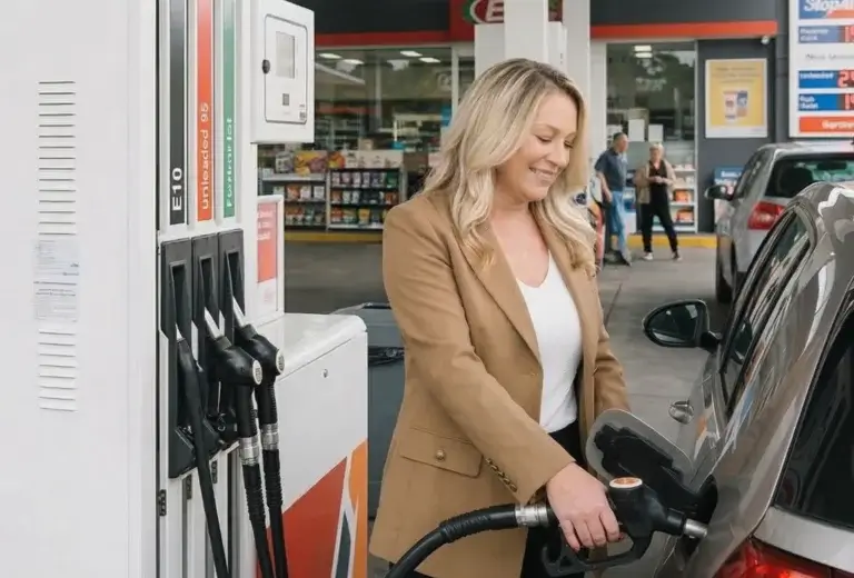 Tammy Barton, Founder & Director of MyBudget filling up at a petrol station, discussing rising petrol prices and budgeting for fuel costs in Australia.