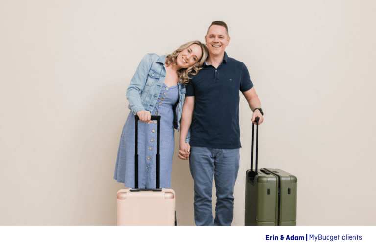 MyBudget clients Erin & Adam ready for their holiday, showing the result of saving with a clear budget and plan.