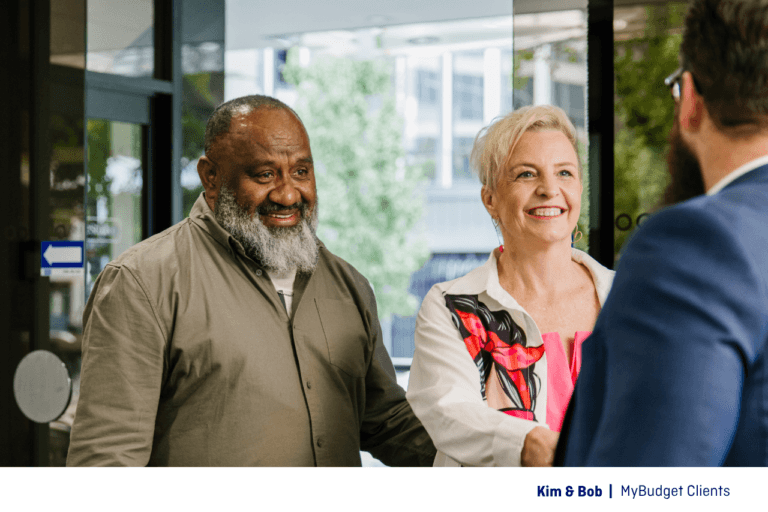 Kim and Bob arriving for their first personalised budgeting appointment with MyBudget.