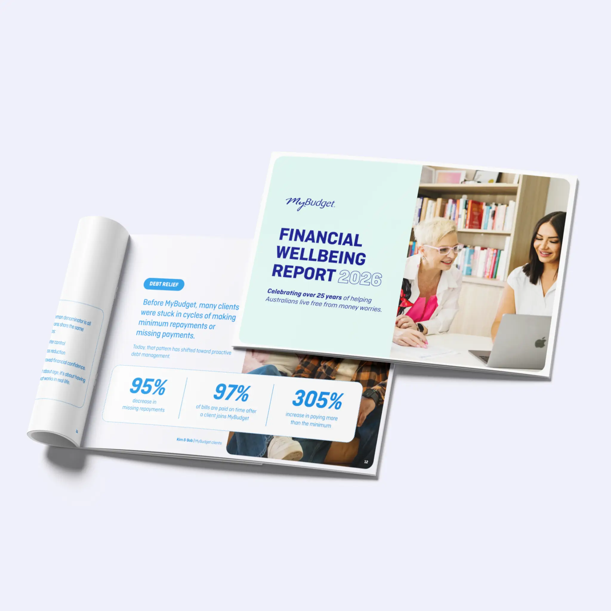 Two open copies of the MyBudget Financial Wellbeing Report 2026 overlapping against a light grey background. The top copy displays the cover page titled 