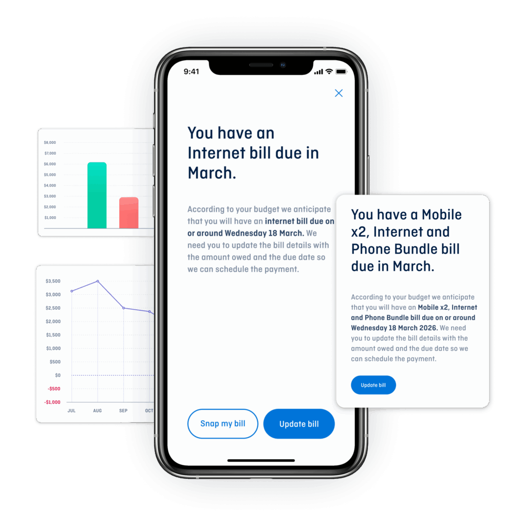 All-in-one MyBudget app showing upcoming bills, budget tracking, and payment reminders—smart tech helping Australians manage money in one simple app.