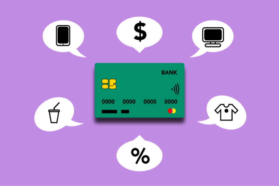 Credit card with speech bubbles around it with a mobile phone, dollar sign, computer monitor, shirt, percentage sign and a drink cup with a straw - tips on how to become better with money.