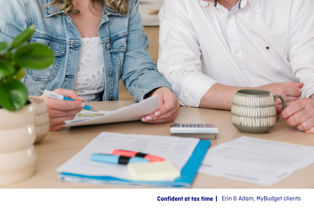Close up image of MyBudget clients, Erin & Adam feeling confident and prepared at tax time 2025 with MyBudget's support.