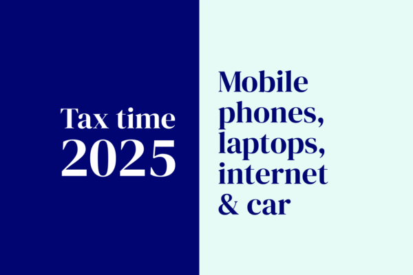 A text image announcing tax time 2025 and Mobile phones, laptops, internet and car with MyBudget Australia.