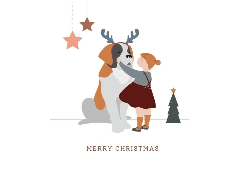 A cartoon of a young girl patting a large dog wearing reindeer antlers with two hanging stars, a small Christmas tree and the words Merry Christmas at the bottom: Dog Toy Dog Christmas Gift Ideas
