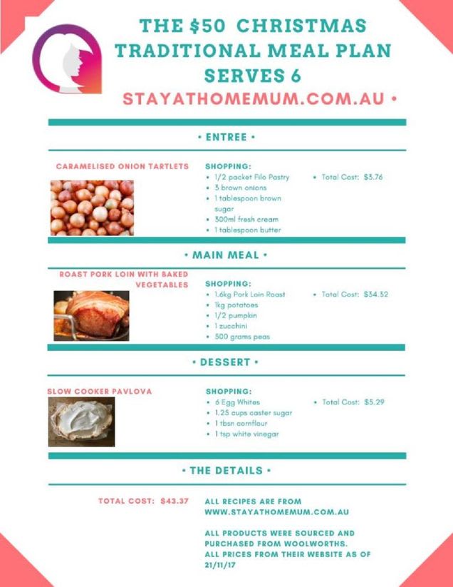 A $50 Christmas traditional meal plan that serves up to six people and includes caramelised onions, roast pork and slow cooked pavlova on the menu. The ideal Christmas meal on a budget!