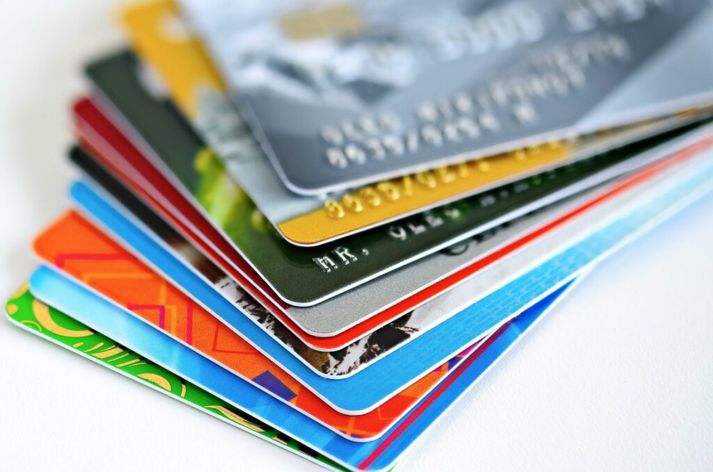 A fanned stack of different credit cards