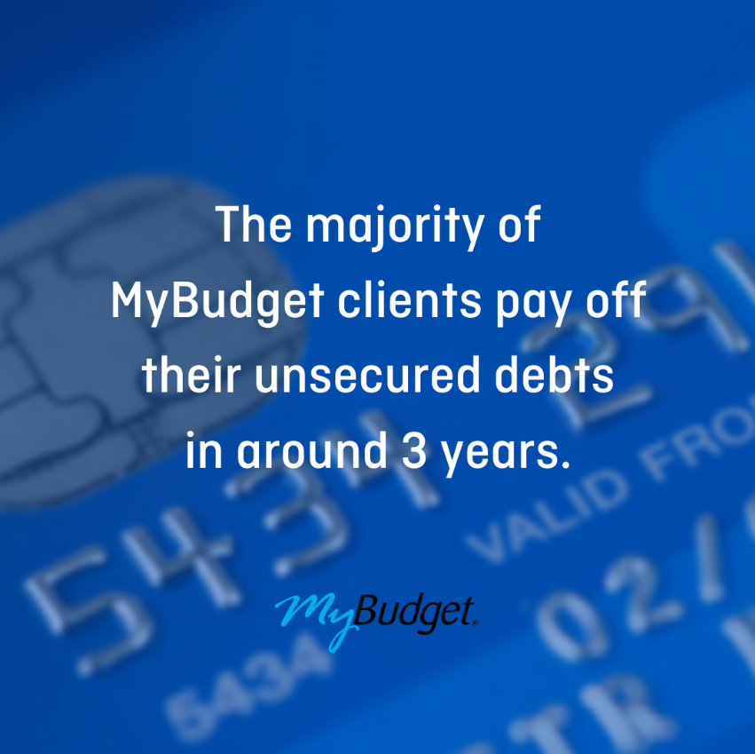 A close-up shot of a blue credit card is used as the background. With text: The majority of MyBudget clients pay off their unsecured debts in around 3 years.