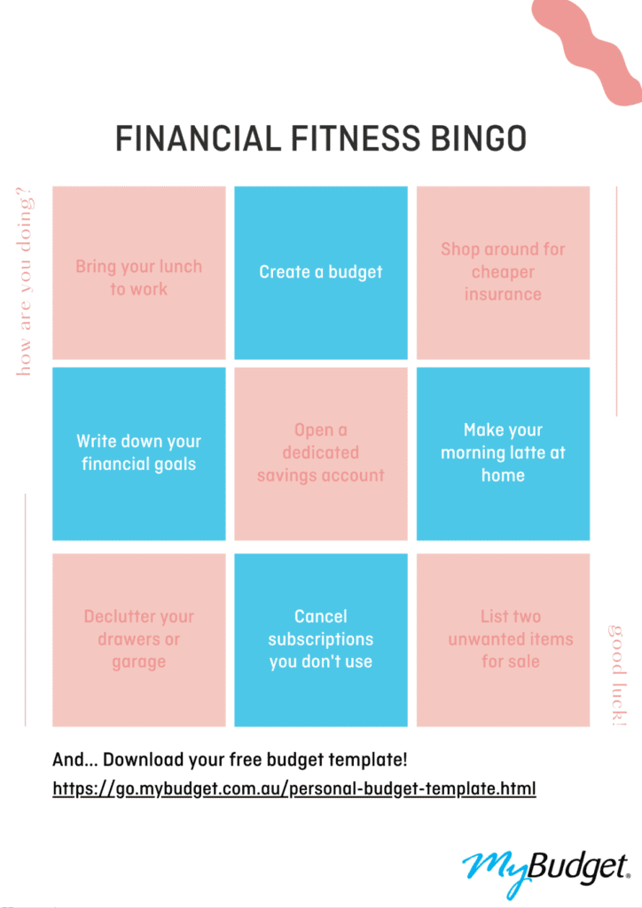 how to set financial goals and achieve them: MyBudget’s financial fitness bingo to help clients track their financial fitness.