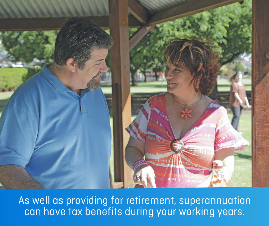 A man talks to a woman at a barbecue in a local park, both are smiling and talking. With text: As well as providing for retirement, superannuation can have tax benefits during your working years.