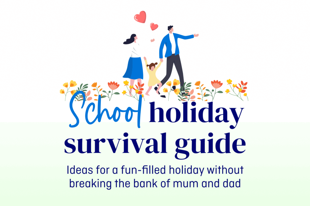 Illustrated family enjoying spring school holidays in Australia, surrounded by flowers, representing MyBudget's affordable holiday activity guide.