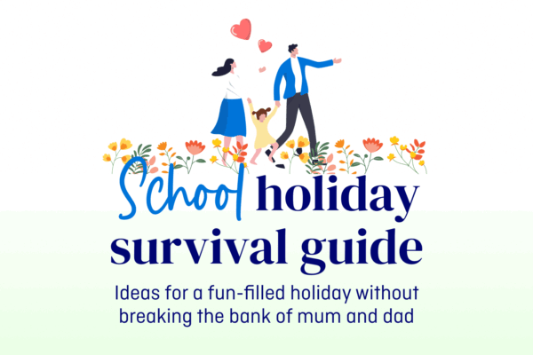 Illustrated family enjoying spring school holidays in Australia, surrounded by flowers, representing MyBudget's affordable holiday activity guide.