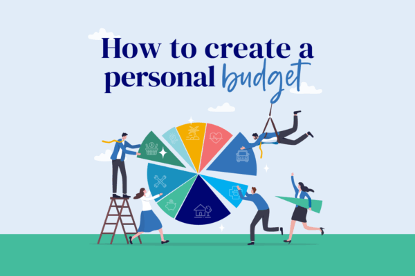 An illustration titled "How to create a personal budget" features individuals assembling a pie chart, representing financial goals. It highlights collaboration and MyBudget’s approach to building a well-rounded budget.
