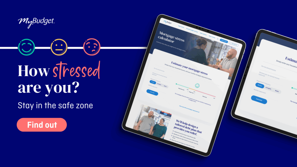 MyBudget mortgage stress calculator on tablet, helping Australians manage money and ease money stress after an RBA interest rate cut.