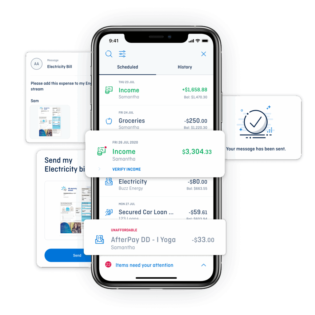 MyBudget app displaying income, bills, and spending alerts with smart features to track expenses and manage money, Australia’s budgeting app with real support.