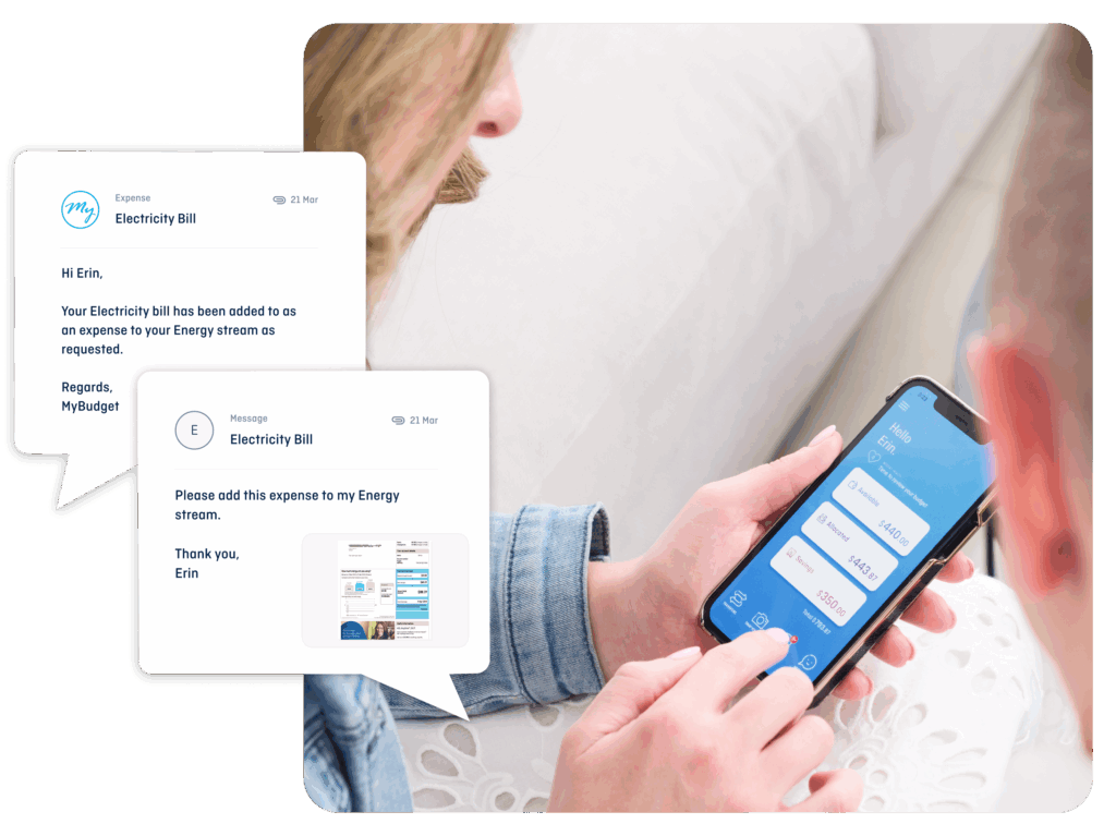 MyBudget client Erin using the app to message about a bill—showing how Australians get smart tech and real human support in one secure, all-in-one budgeting app.