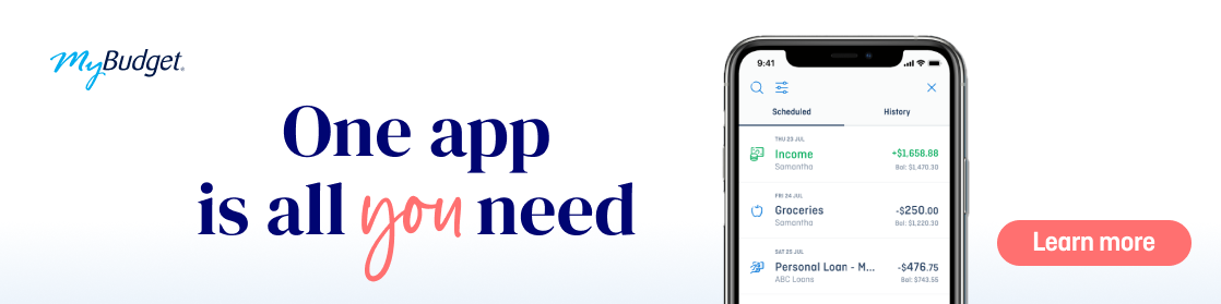 MyBudget app interface showing income and expenses, alongside the message “one app is all you need.” Click the Learn More button to visit the app page.